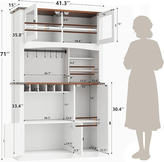 Einhomn 71" Tall Kitchen Pantry Cabinet with Charge Station, 3 Adjustable Shelves, Wine Rack and Glass Door, Kitchen Hutch for Dining Room, Kitchen and Living Room, White