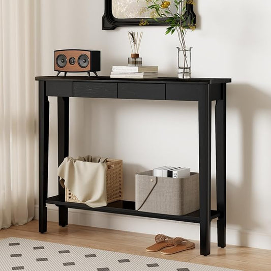 AQIMUELE Wood Console Table with Drawers, Mid Century Modern Console Table Black for Entryway, Living Room, Hall Way.