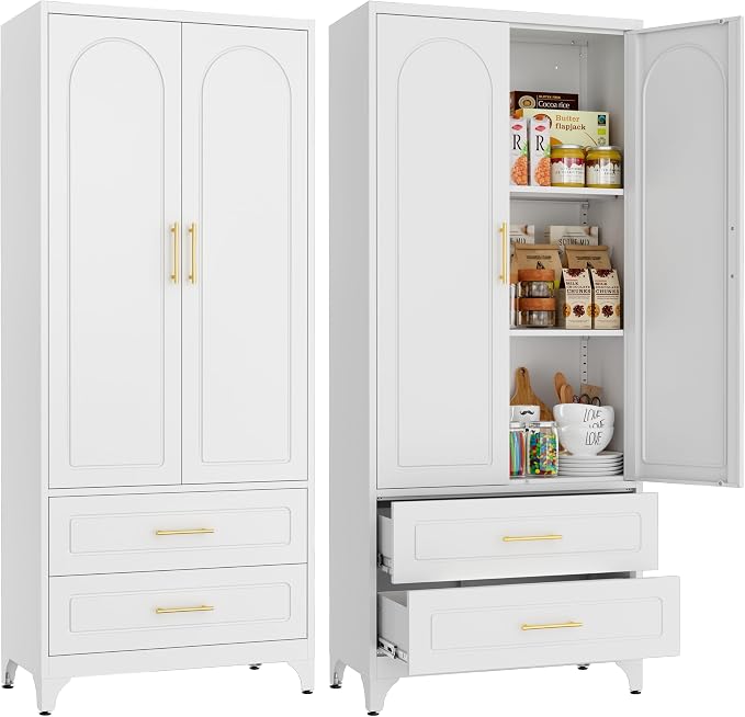 SteeLoong 75" Kitchen Pantry Cabinet,Metal Storage Cabinets with 2 Drawers,Pantry Cabinet with Doors and Shelves,White Tall Storage Cupboard for Living Room, Dining Room Office