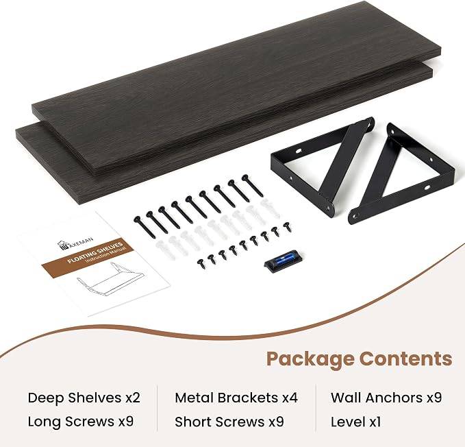 Axeman 24 Inch Floating Shelves | 8 Inch Deep Black Wall Shelves Set of 2 | 24''W x 8''D Rustic Black Wood Shelves for Bathroom Kitchen Living Room Bookshelf Home Office