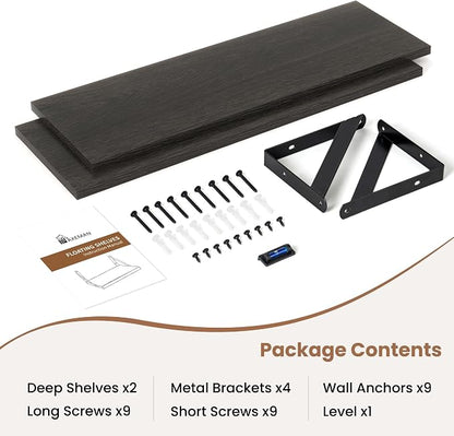 Axeman 24 Inch Floating Shelves | 8 Inch Deep Black Wall Shelves Set of 2 | 24''W x 8''D Rustic Black Wood Shelves for Bathroom Kitchen Living Room Bookshelf Home Office