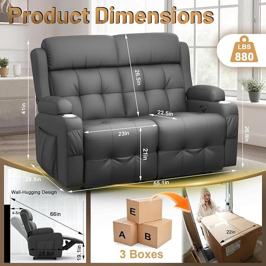 Reclining Loveseat, Wall-Hugger Loveseat Recliner Design with USB/Type C Charging & Storage & Cupholder, Pebble-Weave Fabric Recliner Sofa Couch for Living Room, Home Theater & RV Use