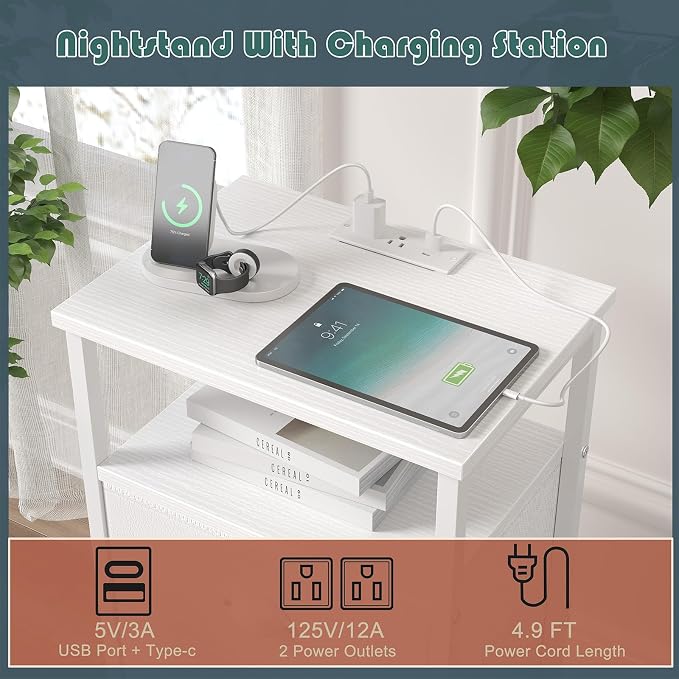 sthmec Nightstand with Charging Station,LED White Nightstand with 4 Fabric Drawers PU Finish, Bedside End Tables, 2-Tier Open Storage Shelf Side Table Nightstand with Drawers for Bedroom,White