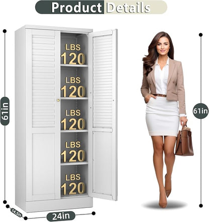 LEYNOT 61 inch Tall Kitchen Pantry Cabinet,Metal Storage Cabinet with 4 Adjustable Shelves,Freestanding Cupboard for Canned Food,Snacks,Small Appliances(White)