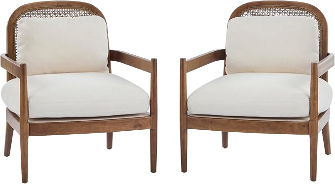 Christopher Knight Home Nadine Modern Club Chair Set of 2 with Cushion, Wooden Living Room Accent Chair with Rattan Open Back, Bedroom Comfy Reading Chair, Beige+Light Brown