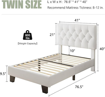 Feonase Velvet Twin Size Bed Frame with Button Tufted Headboard, Upholstered Bed with Wooden Slats Support, No Box Spring Needed, Easy Assembly, Noise-Free, White
