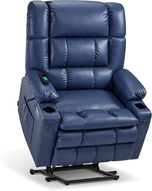 MCombo Dual Motor Power Lift Recliner Chair for Elderly, Lay Flat Lift Chair with Heat and Massage, Oversized Lift Recliner for Big and Tall, Faux Leather R7891 (Blue, Large-Wide)