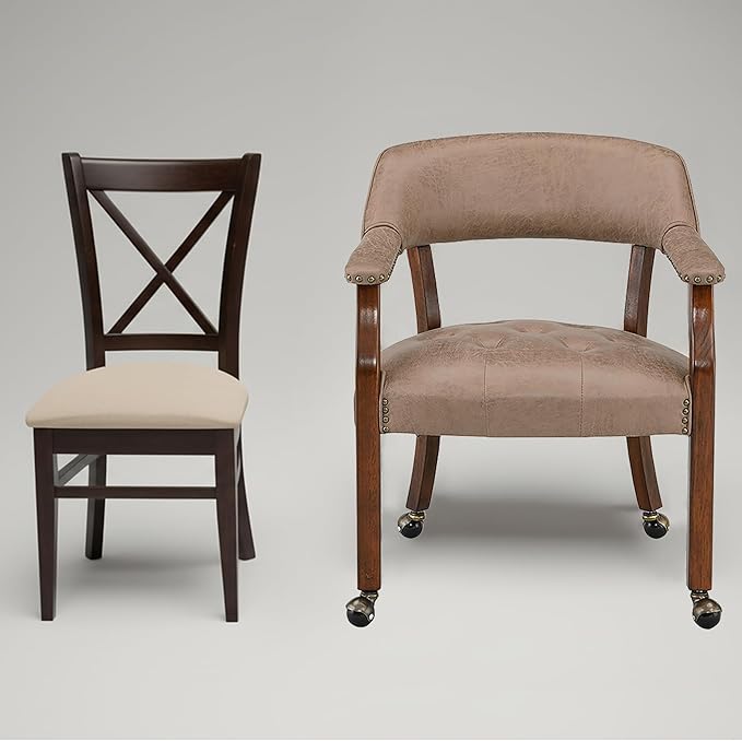 LEEMTORIG Large Dining Chairs with Casters and Arms, Rolling Dining Chairs with Wheels, Solid Wood Office Desk Chairs, 26“Dx25.2 Wx31.5“H, Cherry Legs & Yellowish Brown Fabric SY-1533-LT