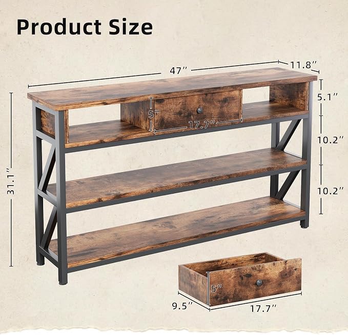 Mexin Console Table with Drawer Shelves, Entryway Table with 3 Tier Storage Shelves, Industrial Wood Hallway Sofa Table for Living Room, Couch, Foyer, Kitchen Counter, 47 Inch Rustic Brown