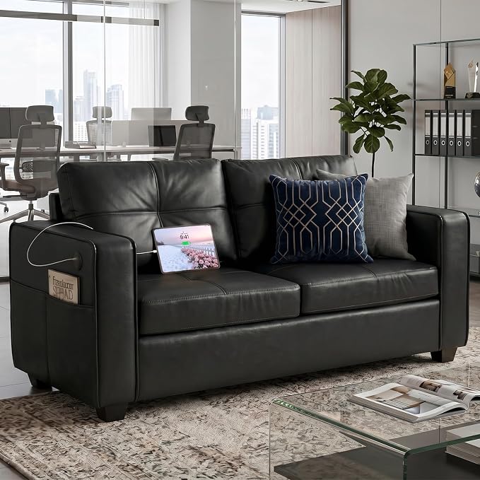 TYBOATLE 65" Faux Leather Loveseat for Living Room, Comfy Mid-Century Modern Tufted Black Loveseat w/USB Charging Ports and Wide Arms, 2 Seater Office Small Couch for Small Space Bedroom