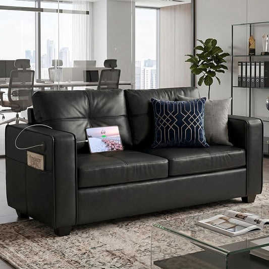 TYBOATLE 65" Faux Leather Loveseat for Living Room, Comfy Mid-Century Modern Tufted Black Loveseat w/USB Charging Ports and Wide Arms, 2 Seater Office Small Couch for Small Space Bedroom