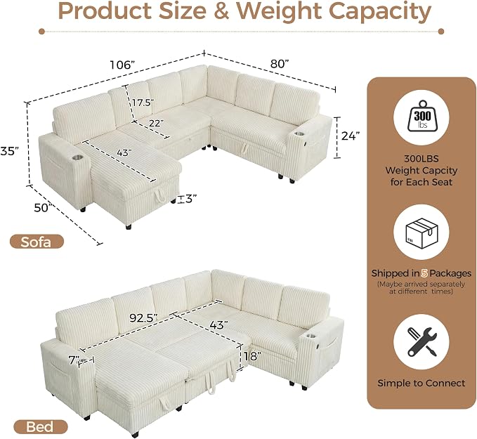 Sectional Sleeper Sofa with Pull Out Bed, 7 Seats U Shaped Sleeper Sofa with Storage Chaise, USB Ports, Cup Holders, Plush Corduroy Sectional Couch for Living Room, Beige
