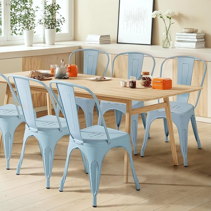 Furmax Metal Dining Chair Indoor Outdoor Use Stackable Chic Side Classic Trattoria Metal Chairs Set of 4 for Kitchen, Dining Room, Bistro and Cafe (Distressed Blue)