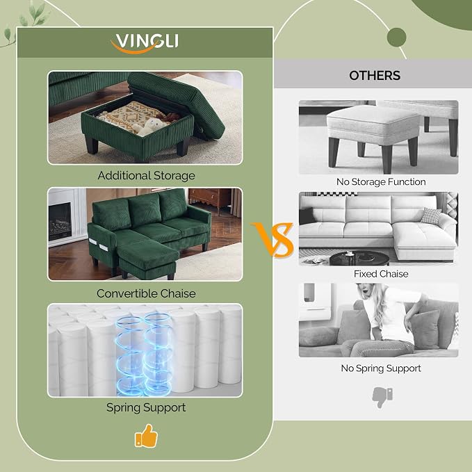 VINGLI 68.5' L Shaped Couch with Movable Storage Ottoman, Convertible Sectional Sofa in Soft Corduroy Fabric, Modern Reversible Chaise Couch for Small Spaces, Apartment, Living Room，Dark Green