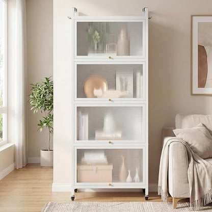 Giantex 5-Tier Kitchen Storage Cabinet, Freestanding Metal Pantry Cabinet w/ 4 Flip-up PC Doors, 4 Hooks & Adjustable Feet, 60” Tall Bakers Rack Microwave Stand for Dining Room, Living Room, White