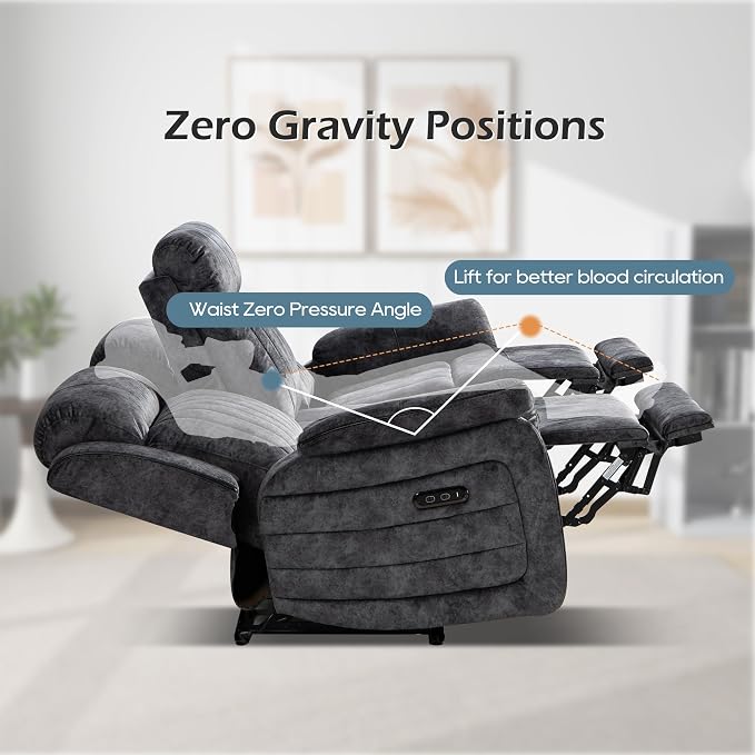 Zero Gravity Power Reclining Sofa with Adjustable Headrest, Electric Reclining Couch with Wireless Charge, USB Ports, Power Loveseat Recliner Sofa for Living Room (Grey-Sofa)