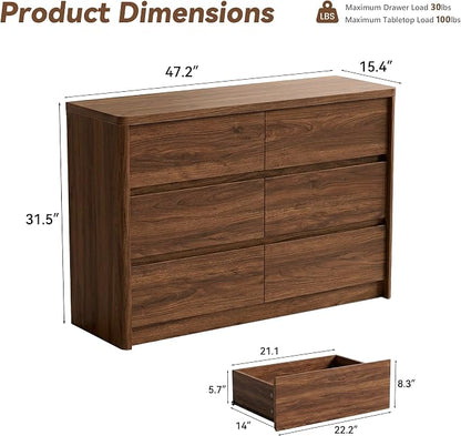 3 Pieces of Dresser and Nightstand Set,47.2 Inch Width 6-Drawer Dresser & 2-Drawer Nightstands Set of 2,Nightstand with USB&Type C Charging Station&Outlets, Modern Design for Bedroom, Walnut
