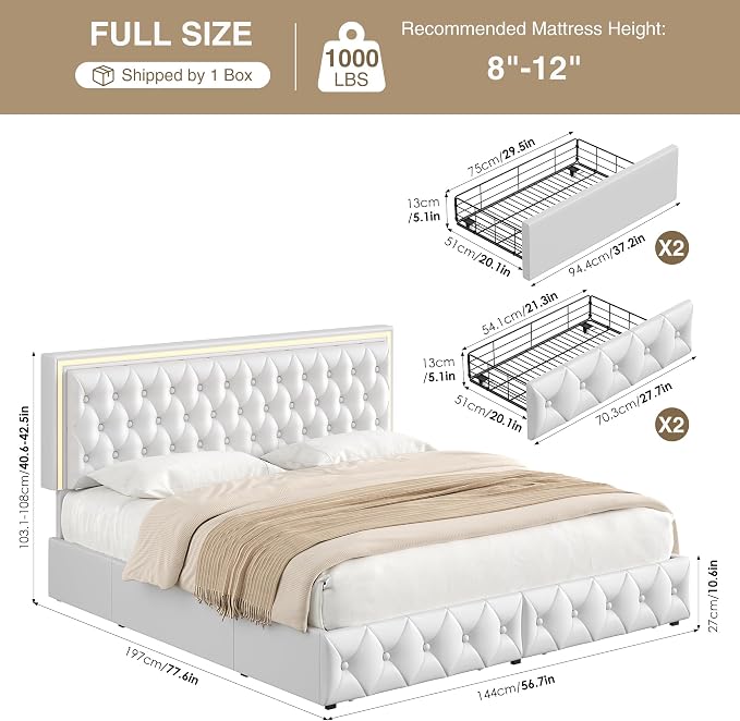 Keyluv Full Size LED Bed Frame with 4 Storage Drawers and Adjustable Headboard, PU Leather Upholstered Button Tufted Modern Platform Bed, Solid Wooden Slats Support, Easy Assembly, White