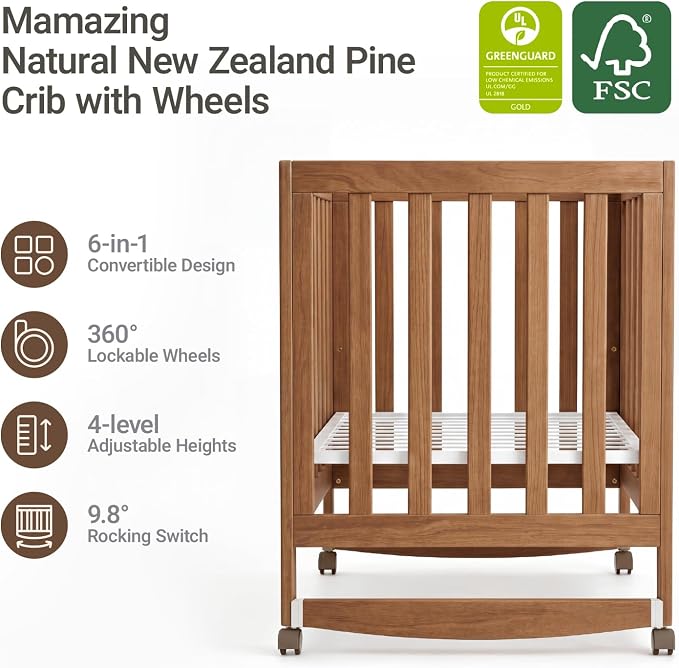 MAMAZING EvoNest 6-in-1 Convertible Baby Mini Crib with Wheels, GREENGUARD Gold Certified, 4 Adjustable Mattress Heights, 100% New Zealand Pine Wood, Portable Crib for Small Spaces, Walnut Brown