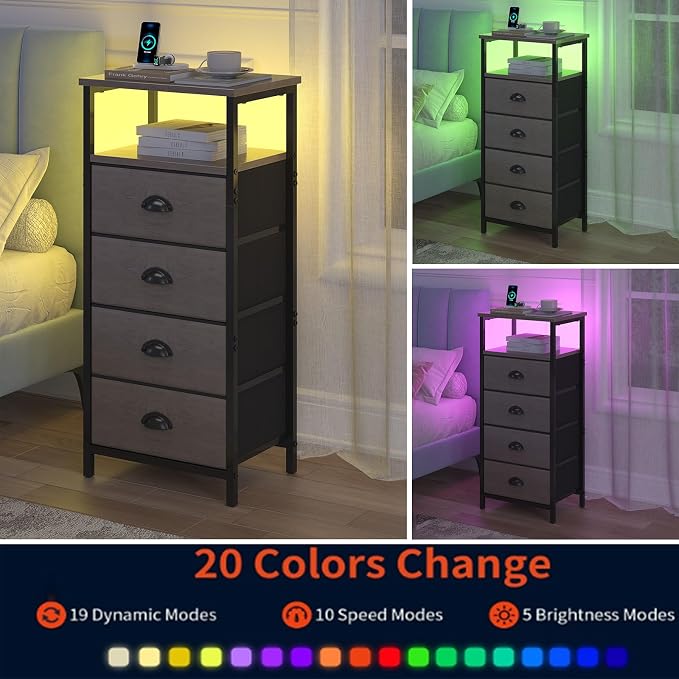 sthmec Nightstand with Charging Station,LED Grey Nightstand with 4 Fabric Drawers, Bedside End Tables, 2-Tier Open Storage Shelf Side Table Nightstand with Drawers for Bedroom,Grey