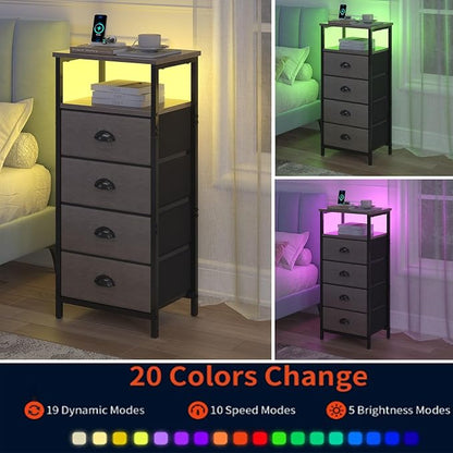 sthmec Nightstand with Charging Station,LED Grey Nightstand with 4 Fabric Drawers, Bedside End Tables, 2-Tier Open Storage Shelf Side Table Nightstand with Drawers for Bedroom,Grey