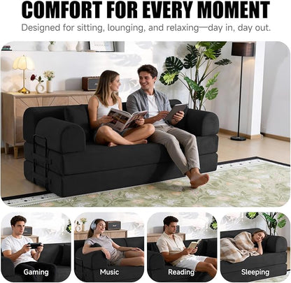 78.8" Boneless Memory Foam Couch, Corduroy Convertible Floor Sofa Bed, Fold-Out Sleeper Futon Loveseat, Wide Armrests & Supportive Back, 1200 lb, Couch in a Box, 2 Pillows, Black