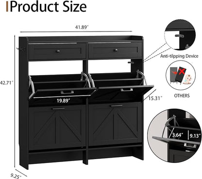 Shoe Cabinet with 4 Flip Drawers & 2 Top Drawers, 43" Tall Freestanding Narrow Wooden Shoe Storage Organizer for Entryway, Hidden Slim Shoe Rack for Front Door Entrance, Hallway, Living Room, Black