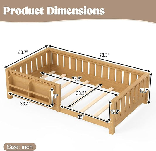 Bellemave Twin Floor Bed with Slats and Safety Guardrail, Twin Size Montessori Floor Bed with Fence and Built-in Bookshelf, Easy Assemble Montessori Beds for Kids, Girls, Boys, Light Natural