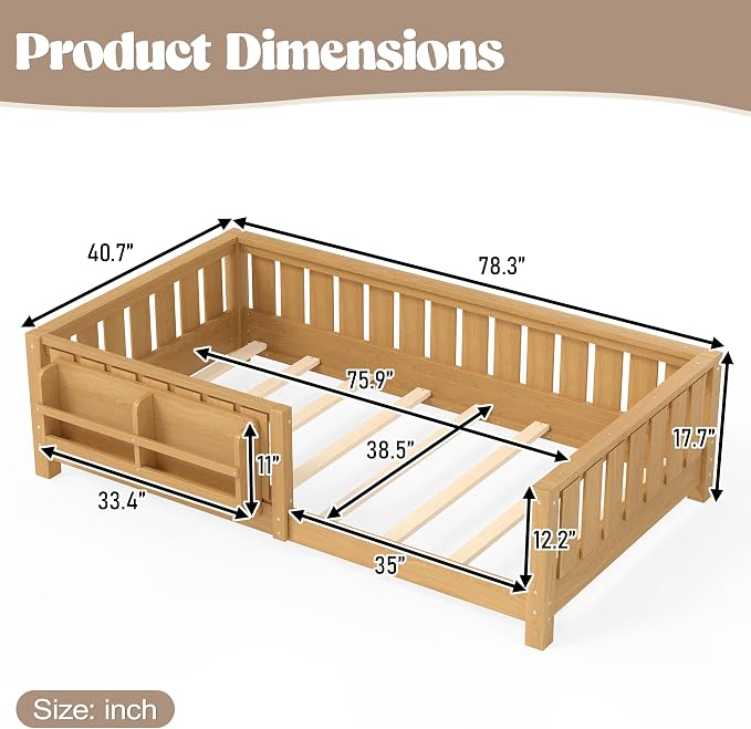 Bellemave Twin Floor Bed with Rails and Slats, Twin Size Montessori Floor Bed with Bookshelf and Fence, Easy Assemble Montessori Beds Frame for Girls, Boys, Deep Natural