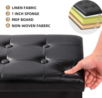 ALASDO Storage Ottoman Footrest Stool Small Ottoman with Storage Foldable Ottoman Leather Foot Rest Footstool Bench for Living Room 17x13x13inches Black