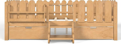 Bellemave Queen Size Montessori Bed with Stairs, Lights, Rails and Slats, Queen Size Montessori Floor Bed with Bookshelf and 2 Storage Drawers, Easy Assemble Beds Frame for Girls, Boys, Light Natural