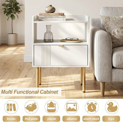 Nightstand, Mid-Century Modern Night Stand Table with Storage Drawer and Open Wood Shelf, Side End Table with Sturdy Metal Legs Small Spaces (White)