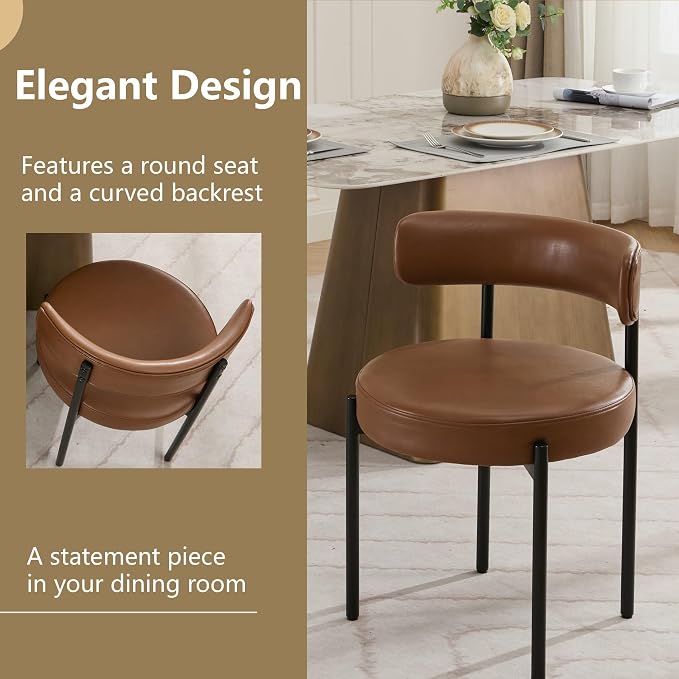 Faux Leather Dining Chairs Set of 6, Upholstered Kitchen and Dining Room Chairs, Mid-Century Modern Dining Chairs with Round Back and Black Metal Legs, Vegan Leather, Brown