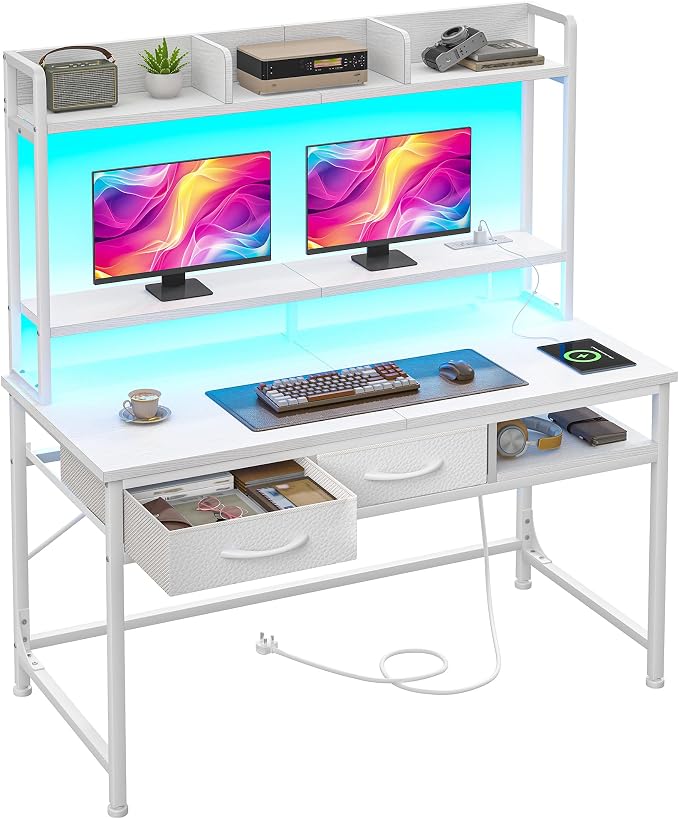 DurayLoly 47.2" Gaming Desk with RGB LED and Power Outlet, Computer Desk with Hutch and Monitor Stand, Home Office Desk with Drawers and Shelves, Study Writing Desk Bedroom Dorm Small Space, White