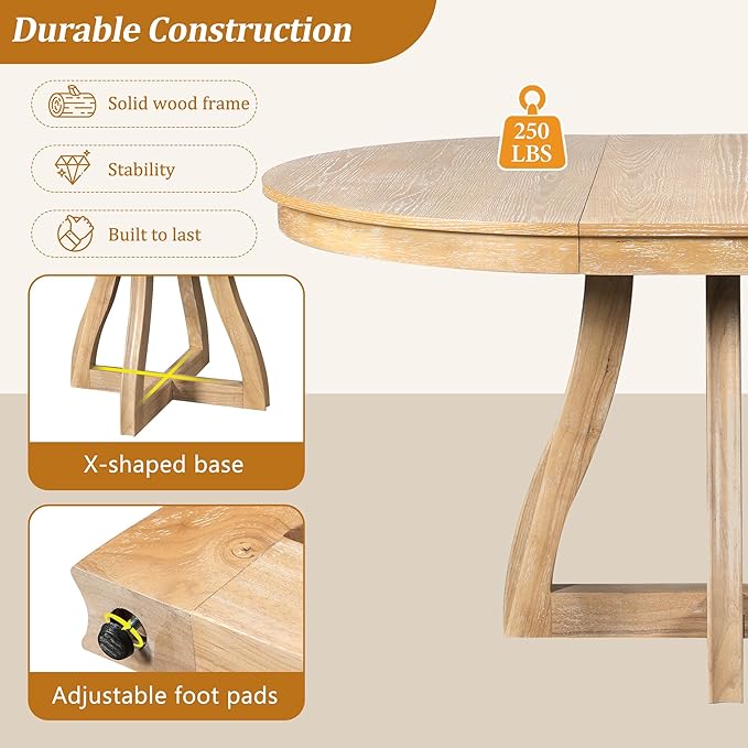LUMISOL 42"-58" Extendable Round Dining Table for 4-6, Farmhouse Kitchen Table with 16” Middle Leaf and Curved Table Legs for Kitchen, Dining Room, Apartment, Natural Wood Wash