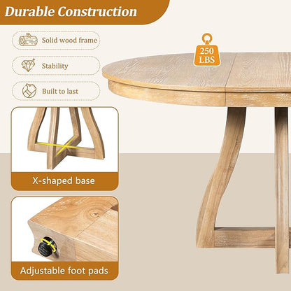 LUMISOL 42"-58" Extendable Round Dining Table for 4-6, Farmhouse Kitchen Table with 16” Middle Leaf and Curved Table Legs for Kitchen, Dining Room, Apartment, Natural Wood Wash