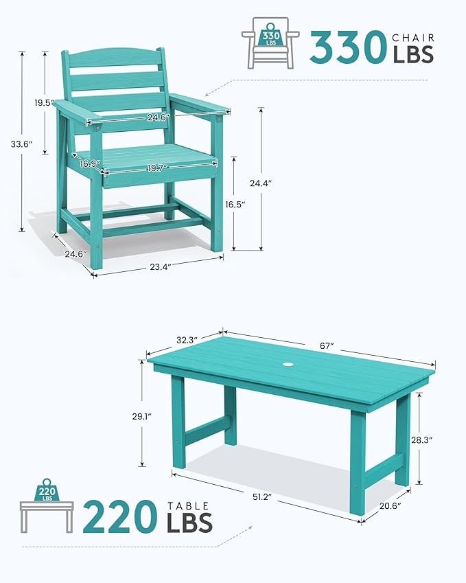 SERWALL 67" Rectangle HDPE Outdoor Dining Table for 6,Aruba
