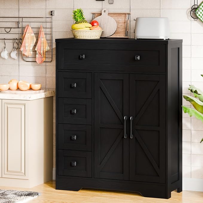 Vabches Farmhouse Storage Cabinet with 2 Doors and 5 Drawers, Freestanding Bathroom Cabinets Kitchen Pantry, Floor Storage Cabinet Hutch Cupboard for Living Room/Bathroom/Kitchen.Pure Black