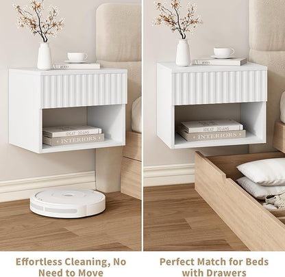 Floating Nightstand Set of 2, Modern Wall Mounted Bedside Tables with Fluted Drawer, Night Stand Small End Table with Open Storage Shelf for Bedroom, Living Room, Small Spaces, White
