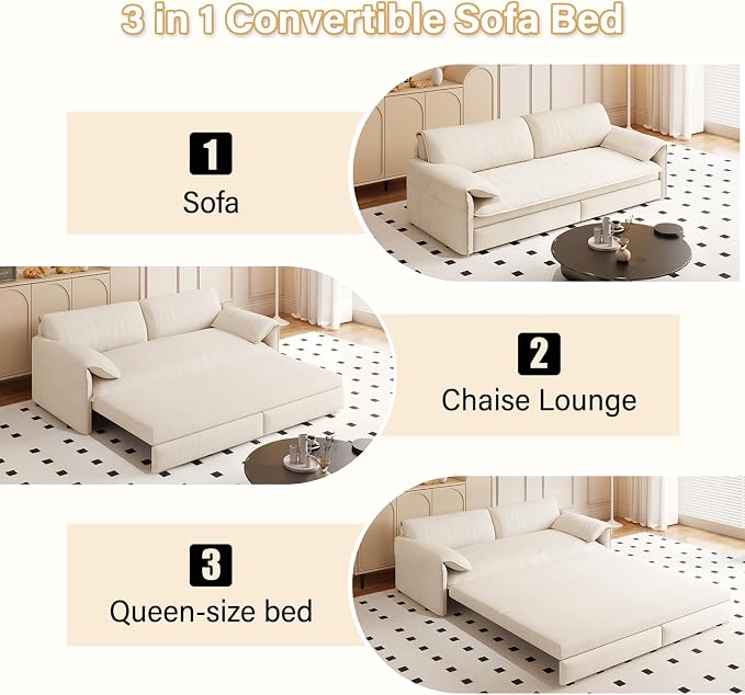 66" Sleeper Sofa Bed Queen Size, 3-in-1 Convertible Couch, Modern Pull Out Couches, Comfy Velvet Futon Sofa, Cloud Loveseat Lounge, Pillow Arm, for Small Spaces, Living Room, Apartment, Beige