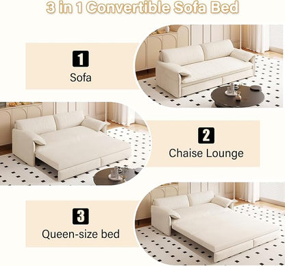 66" Sleeper Sofa Bed Queen Size, 3-in-1 Convertible Couch, Modern Pull Out Couches, Comfy Velvet Futon Sofa, Cloud Loveseat Lounge, Pillow Arm, for Small Spaces, Living Room, Apartment, Beige