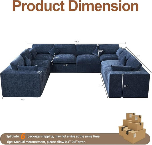 146''Cloud Boneless Sectional Couch, Modular Sectional Sofa Deep Seat, Oversized Upholstered Convertible Comfy 8 Seater Chenille Memory Foam Sofa U Shape Couches for Living Room, Navy