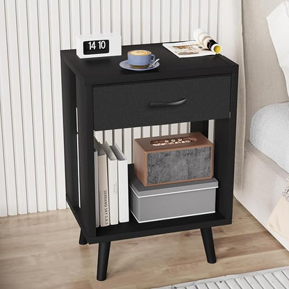GYIIYUO 24" H Nightstands Set of 2 with Fabric Drawer, Black | Open Wood Shelf, Side Table with Storage for Bedroom, Spacious 15.7"L x 11.8"W x 24"H Top Fits Lamp + Books, Stable Frame