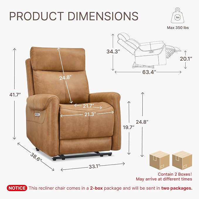 KISLOT Leather Recliner Chair for Adults Wall Hugger RV Recliner with USB Charging Ports Electric Power Reclining Sofa for Living Room Home Theater Seating Bedroom