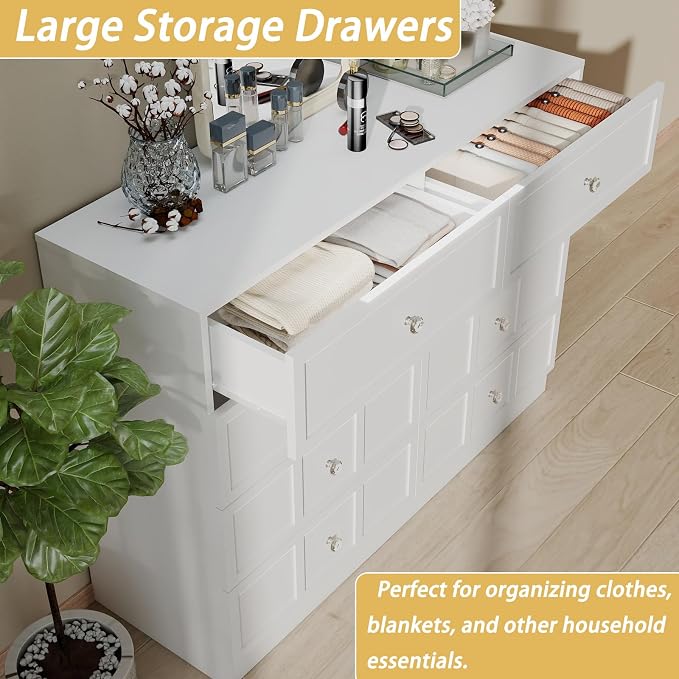 8 Drawer Dresser for Bedroom: 47" White Chest of Drawers with Deep Drawers, Tall Fluted Dresser with Storage, Modern Wood Dressers for Bedroom, Living Room