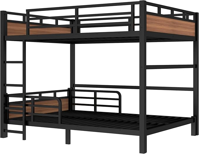 Queen Over Queen Metal Bunk Bed, Heavy Duty Convertible Bunk Bed Frame with Headboard & Full Guardrails, Can Be Split into Two Platform Beds or Loft Bed,Walnut
