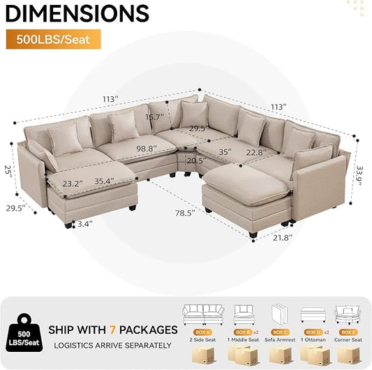 137'' V Shaped Cloud Sectional Sofa, Oversized Deep Seat Leather Couches for Living Room, Comfy Upholstered Modular Sectional Sofa Couch with 2 Movable Ottoman, Leather Beige