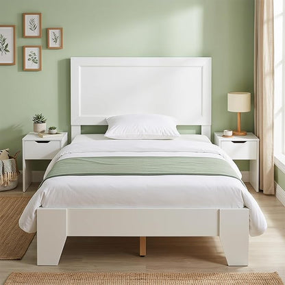 KOMFOTT Twin Size Bed Frame, Modern Platform Bed with Headboard, Wooden Slat Support Mattress Foundation, Under-Bed Storage Space, No Box Spring Needed (White,Twin)
