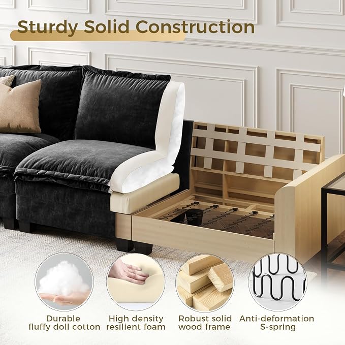 KKL Modular Sectional Sofa, Large V Shape 7 Seater Modern Sectional Couch with Ottoman, Couches for Living Room, Cloud Couches Chenille for Apartment, Home, Black