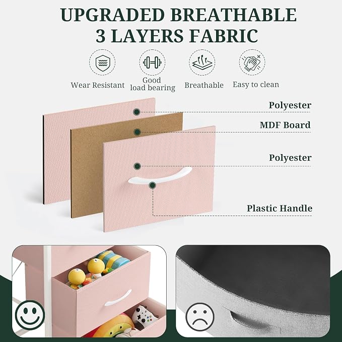 4 Drawers Dresser for Bedroom, Fabric Storage Tower Organizer with Wooden Top and Steel Frame, Tall Chest of Drawers for Closet, Entryway, Dorm, Pink